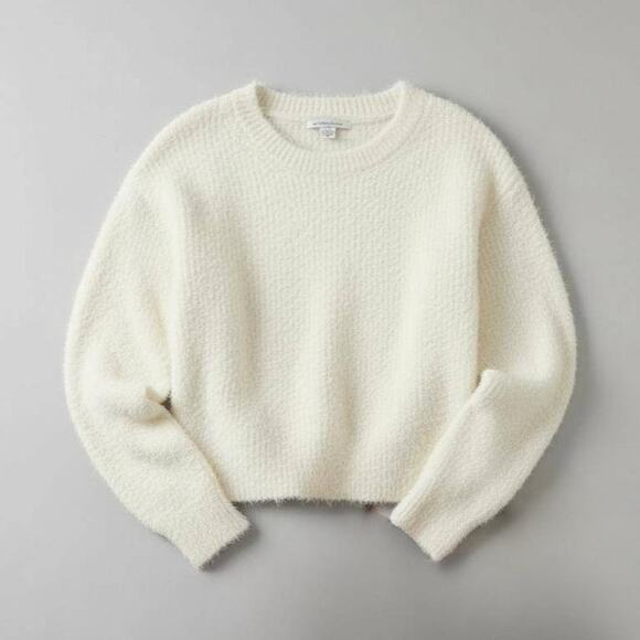 American Eagle Cream Fuzzy Cropped Sweater Small Soft Girl Y2K Coquette Winter - Picture 2 of 8